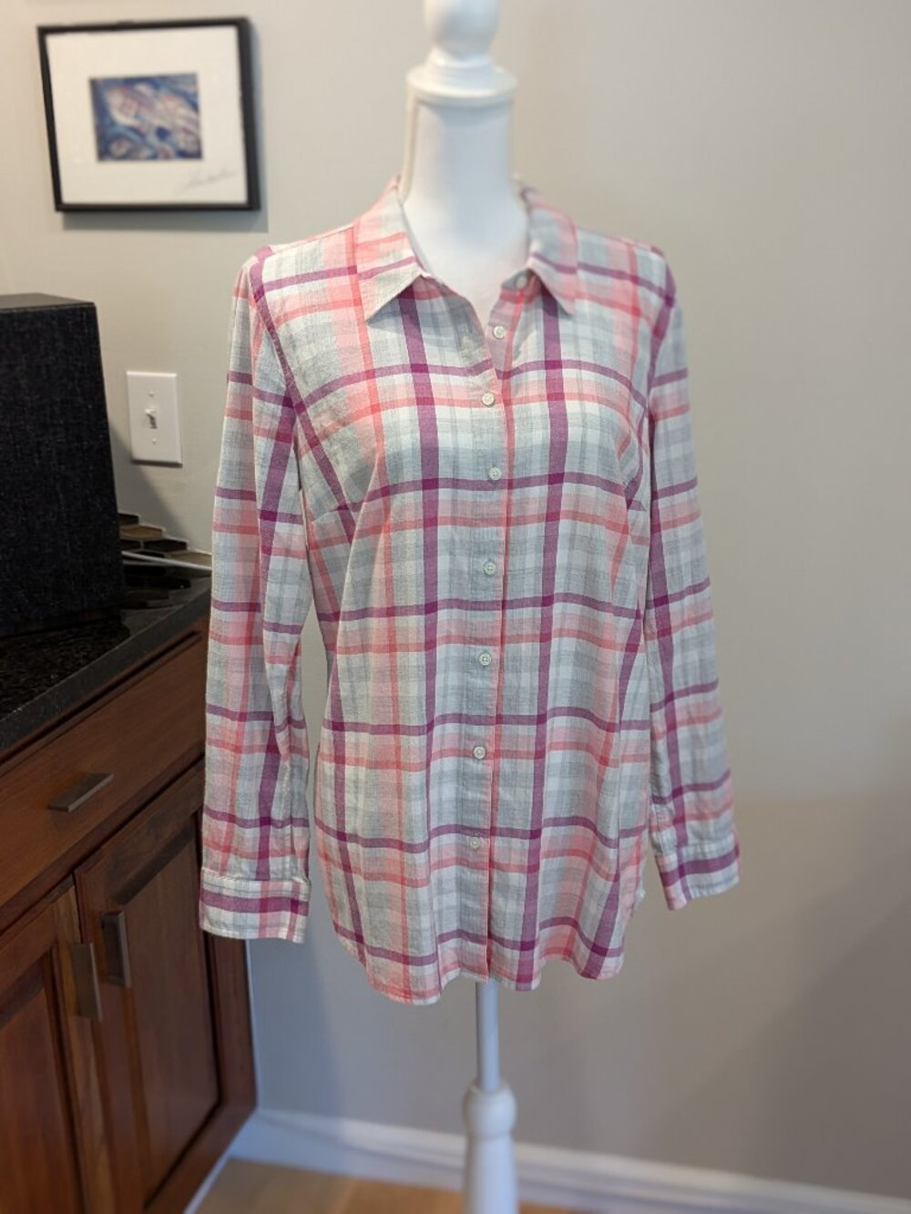 Talbots Pink Purple Plaid Long Sleeve Button-Down Shirt Blouse | Size Large